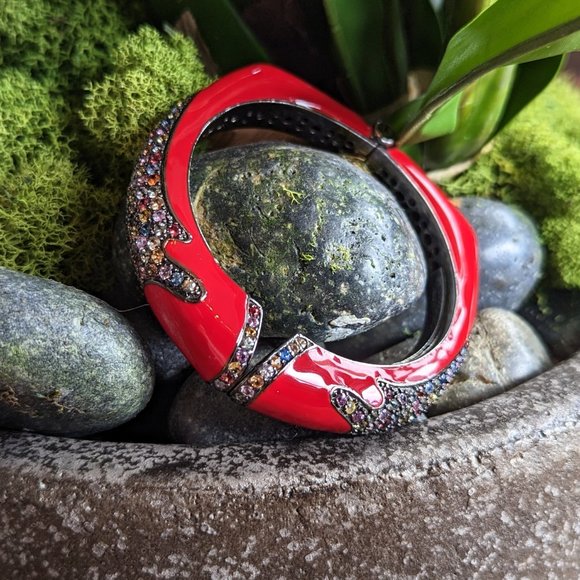 Rina Limor Red Enamel Bracelet 925 Sterling Silver Clamper Bangle Cuff Signed - Picture 7 of 7